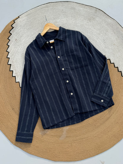 Textured Navy Blue Boxy Full Sleeve Shirt
