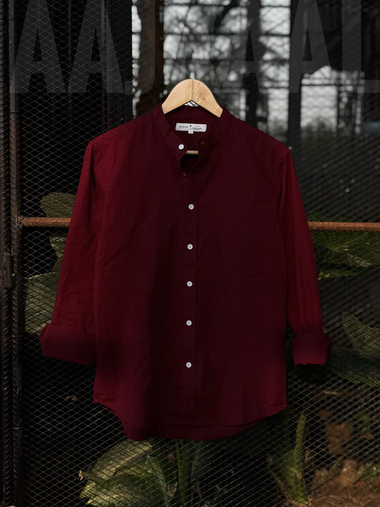 Maroon Band Collar Full Sleeve Shirt