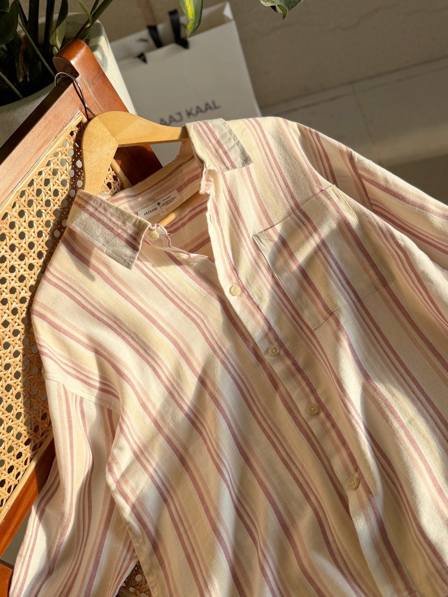 Textured Rosewood Stripe Boxy Full Sleeve Shirt