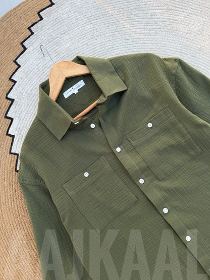 Olive Double Gauze Full Sleeve Shirt