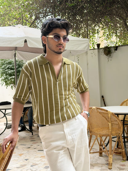 Aajkaal Olive Zipper Knitted Polo