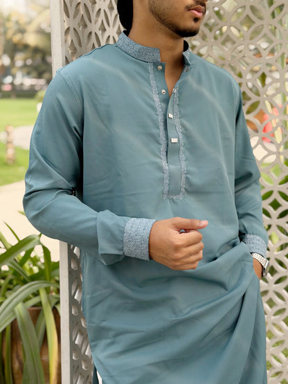 AajKaal Sage Green Classic Embroidered Panjabi