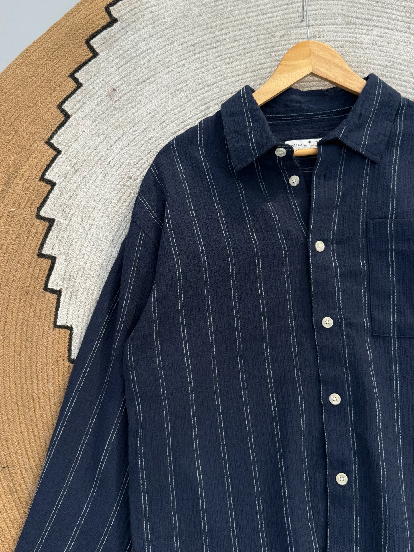 Textured Navy Blue Boxy Full Sleeve Shirt