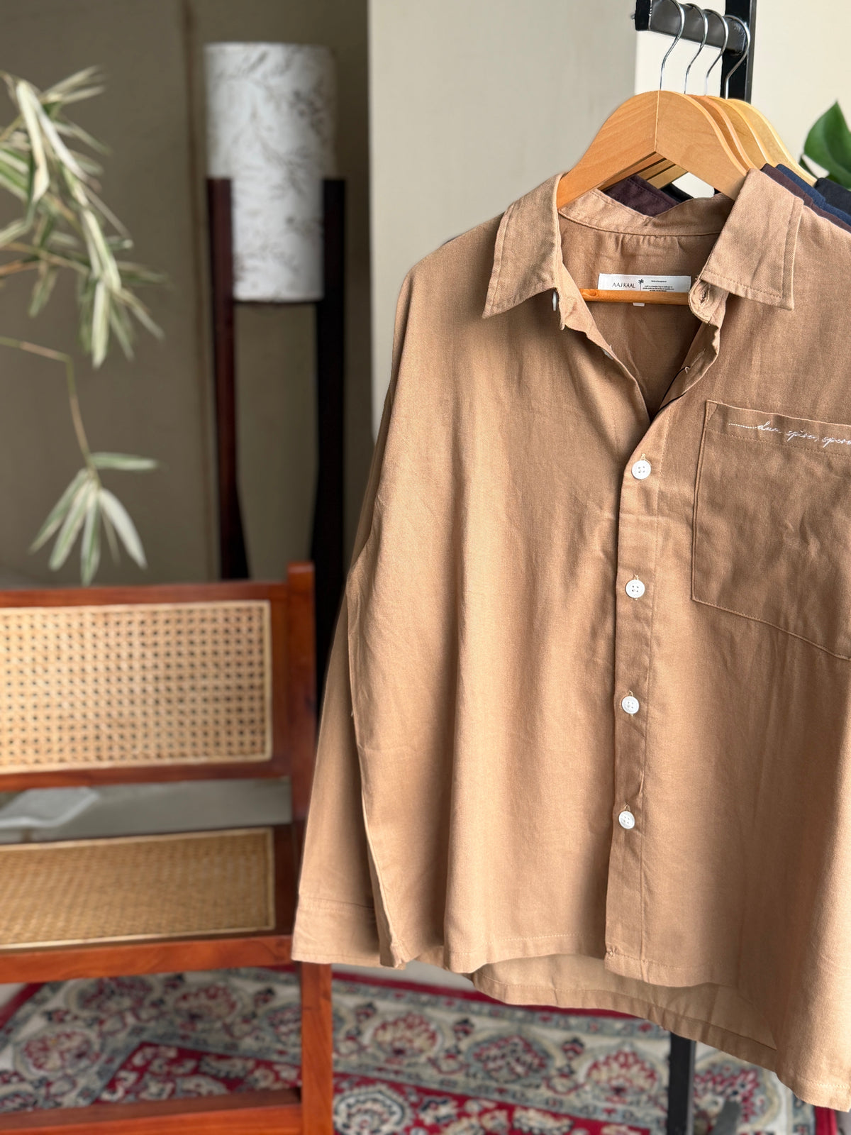 Aajkaal Wood Brown Embroidery Boxy Shirt