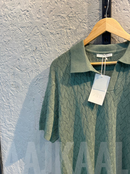 Aajkaal Olive Knitted Polo Shirt