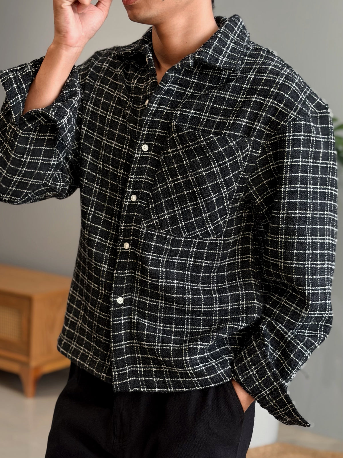 Aajkaal Flannel Shacket  - Textured Black Check
