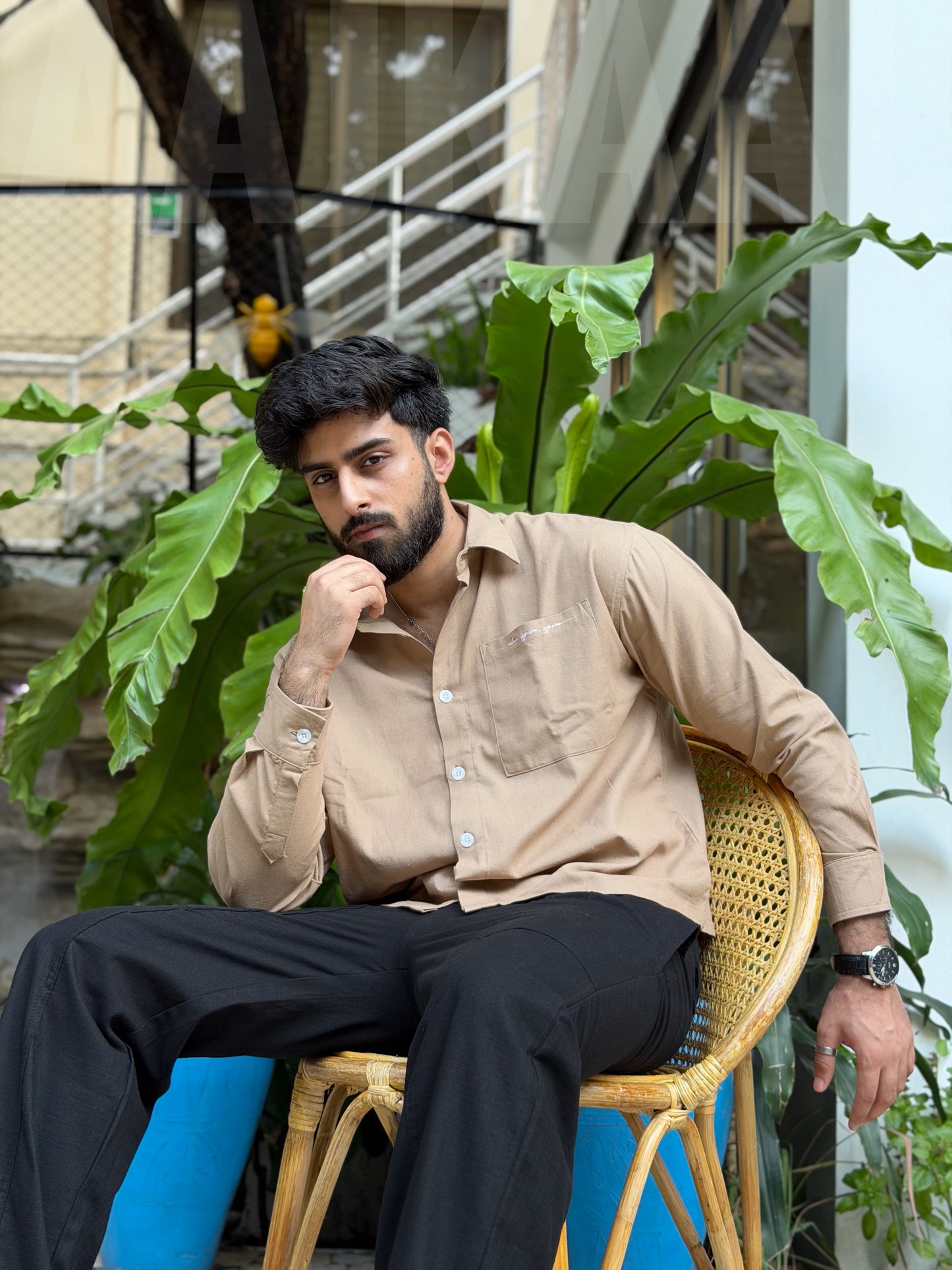 Aajkaal Wood Brown Embroidery Boxy Shirt