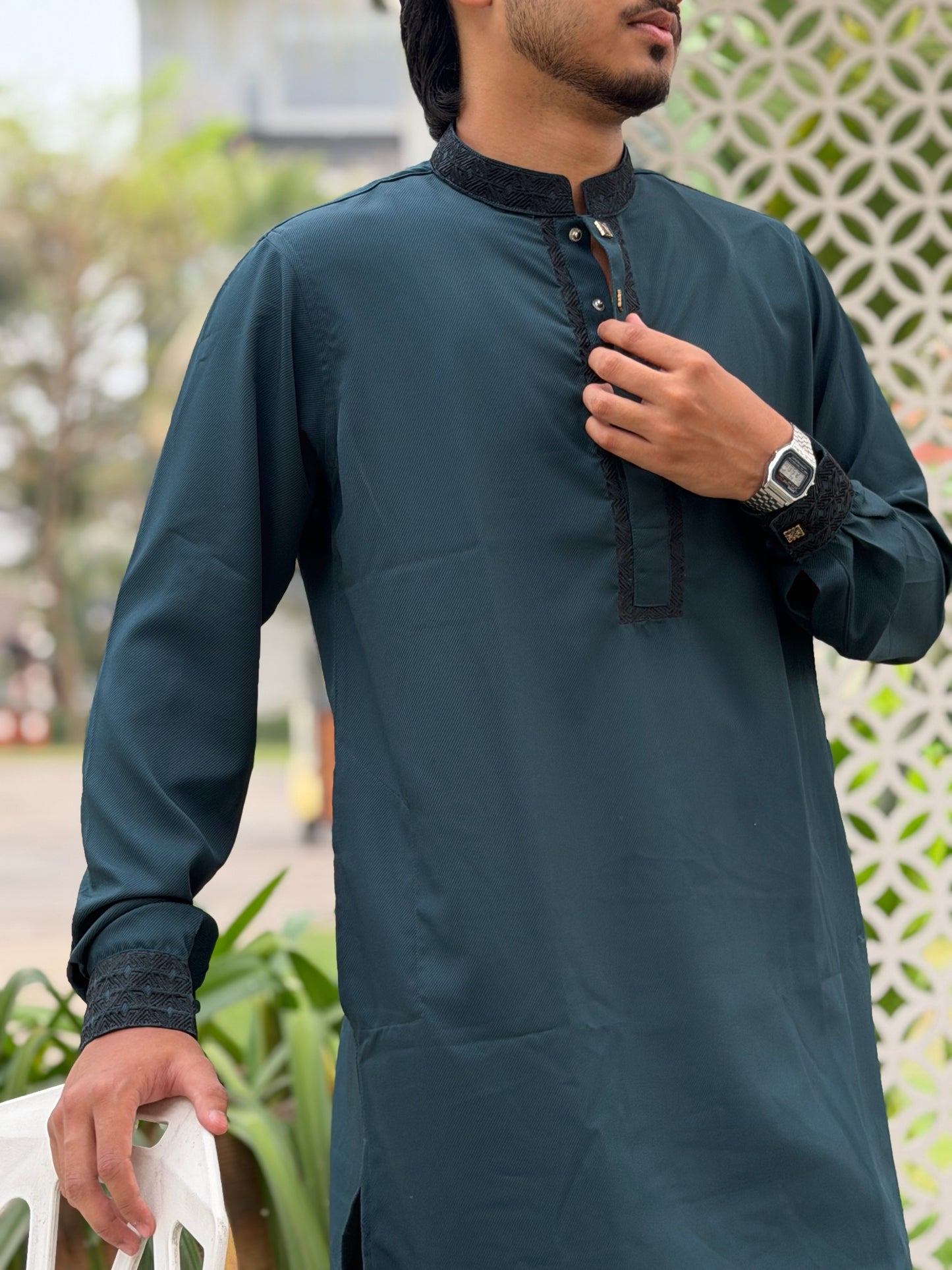 AajKaal Teal Green Classic Embroidered Panjabi