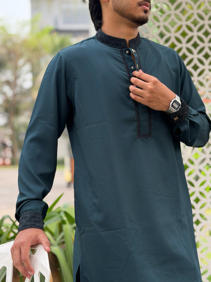 AajKaal Teal Green Classic Embroidered Panjabi