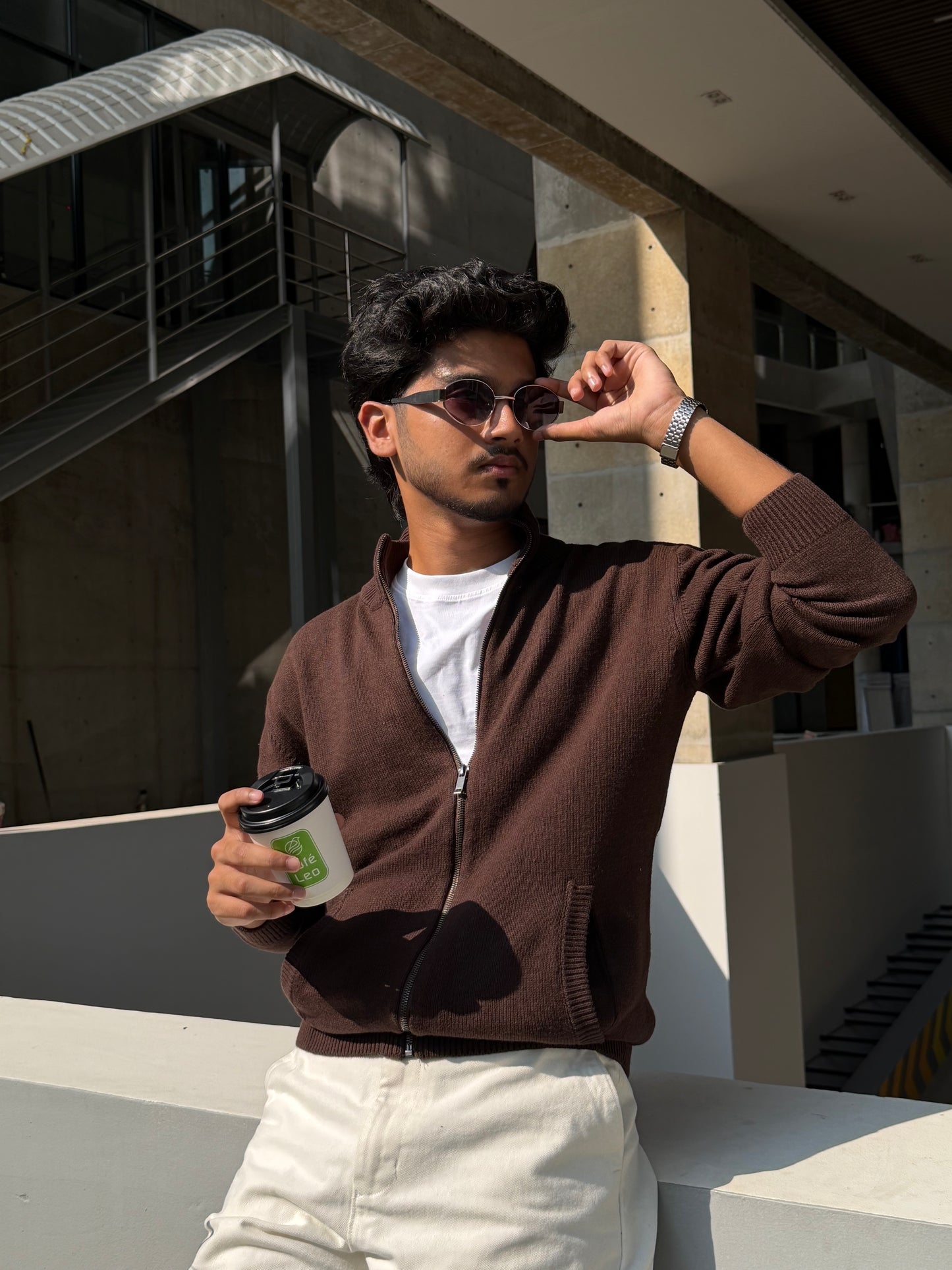 Chocolate Knitted Full Zip Sweater