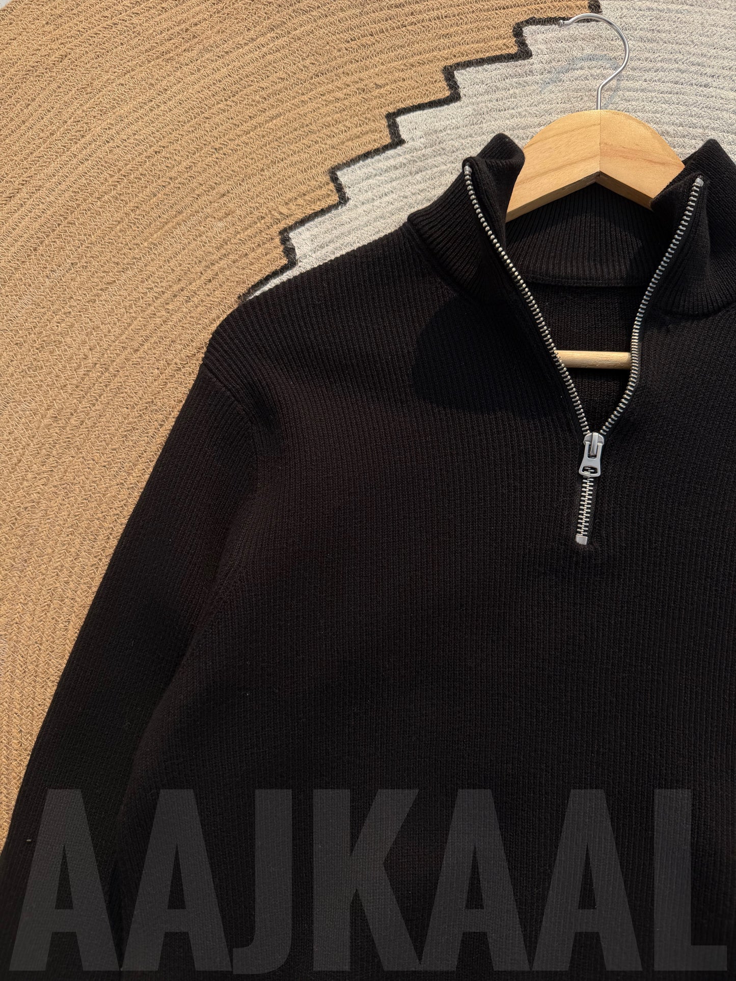 Black High Neck Half Zip Oversized Knitted Sweater
