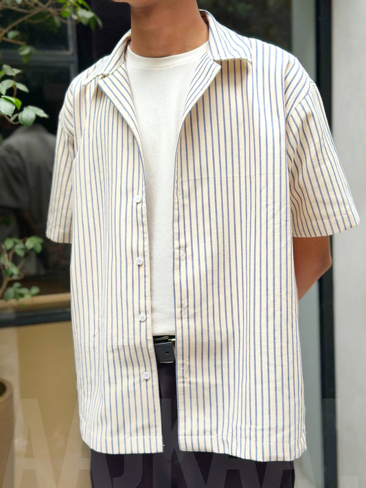 Dropshoulder White Stripe Cuban Shirt