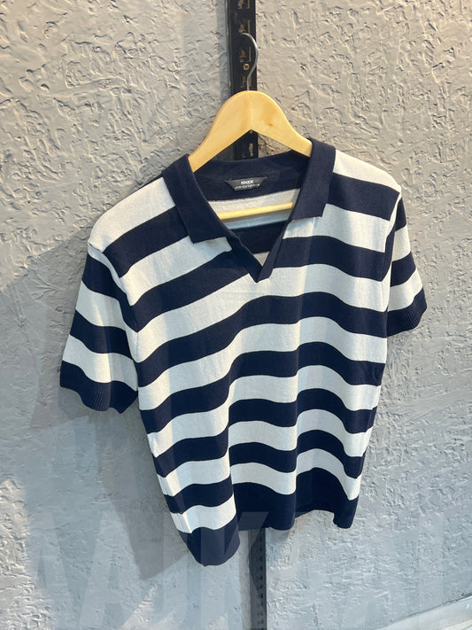 Aajkaal White with Blue Big Stripe Knitted Polo Shirt