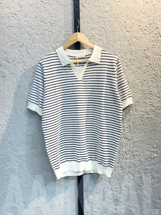 Aajkaal Blue Stripe Knitted Polo Shirt
